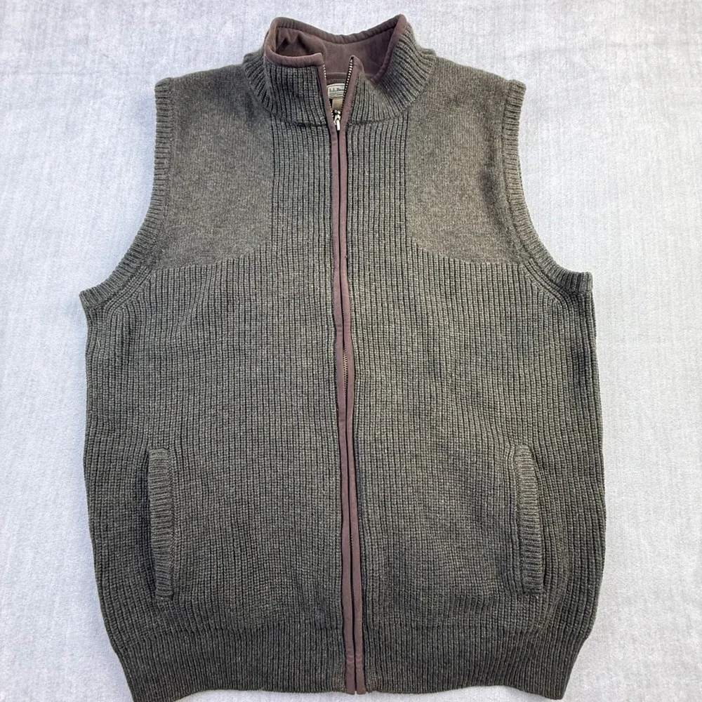 LL Bean Mens XL Merino Lambswool Full Zip Sweater Vest Olive Green 245457 Ribbed
